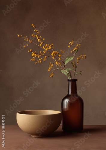 Still life with yellow berries in a brown vase and a speckled bowl on a brown tablecloth
