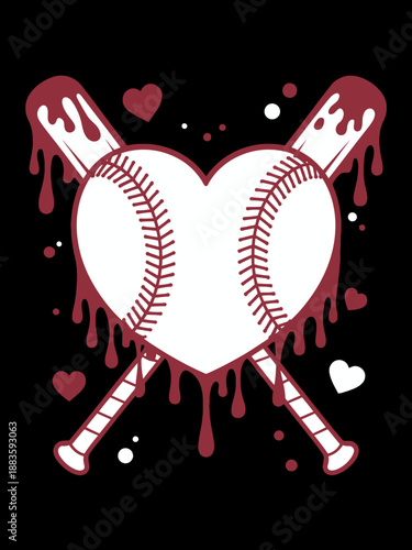 A baseball is creatively morphed into a heart with dripping effects. Crossed bats and scattered hearts add to the dynamic composition.