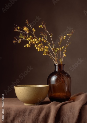 Still life with yellow berries in a brown vase and a speckled bowl on a brown tablecloth