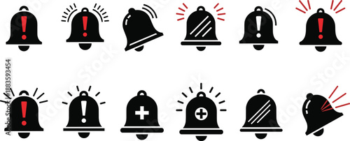 Collection of alarm bell icons in various styles and notifications on a clean white background from a straightforward view