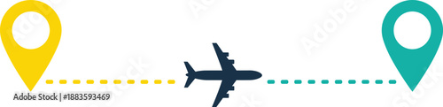 Airplane flying between two map location markers indicating journey or travel route
