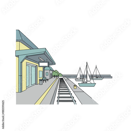 Illustration of Train Station and Boats.