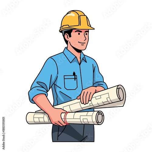 Construction Worker Holding Blueprints and Plans.