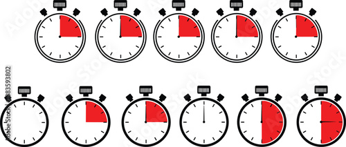 A row of stopwatches displaying various times on a white background, viewed from directly above, showcasing different elapsed times in a graphic illustration