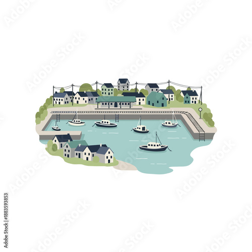 Colorful Illustration of Harbour with Boats.