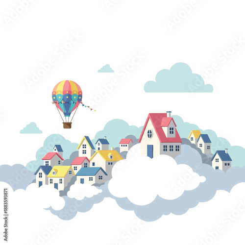 Colorful Houses and Hot Air Balloon.