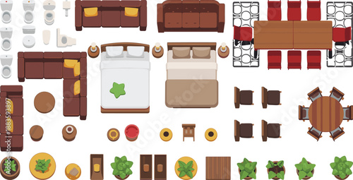 Furniture, household, layout, vector, illustration, sketch, outline, sofa, bed, toilet, table, chair, decor, rug, plants, dining, armchair, top-down, interior, graphic