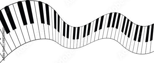 Abstract black and white illustration of piano keys arranged in a graceful, undulating wave pattern, conveying motion and the beautiful rhythm of music, perfect for creative projects
