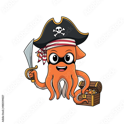 Cartoon Octopus Wearing Pirate Hat and Eyepatch.