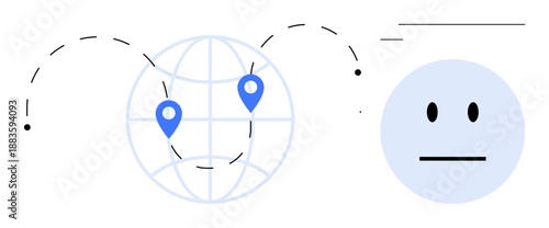 Technology, communication, globalization, social connection, networking, international interaction. A globe with location pins and a minimalistic face. Technology and communication concept