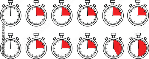 Collection of stopwatches with varying times displayed on a white background, showcasing different stages of time progression