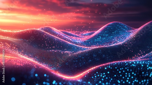 Sunset over glowing particle hills; abstract digital landscape for tech backgrounds