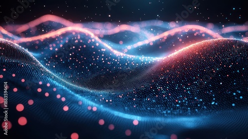 Abstract glowing wave, digital particles, dark background, technology concept, website banner