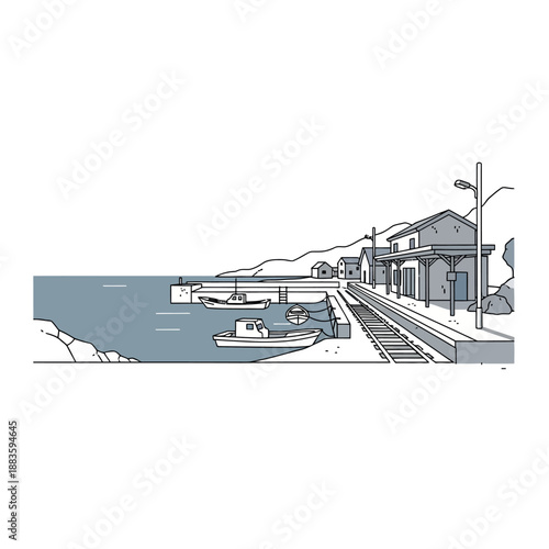 Illustration of Train Station by Waterfront.