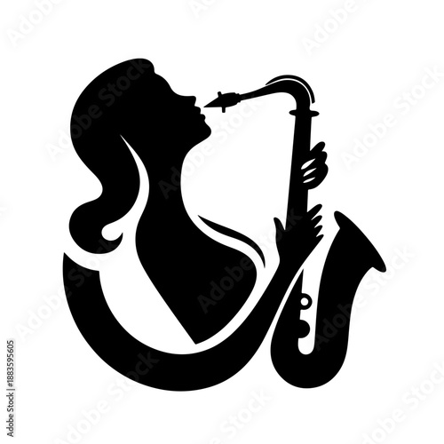 Woman silhouette playing saxophone one-line illustration logo style