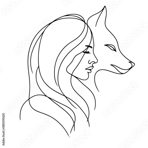 One-line illustration of a portrait of a woman with ears and a wolf's tail