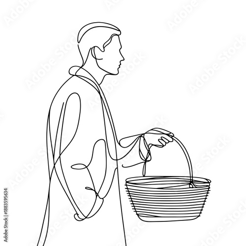 One-line illustration of a man holding out a basket to someone