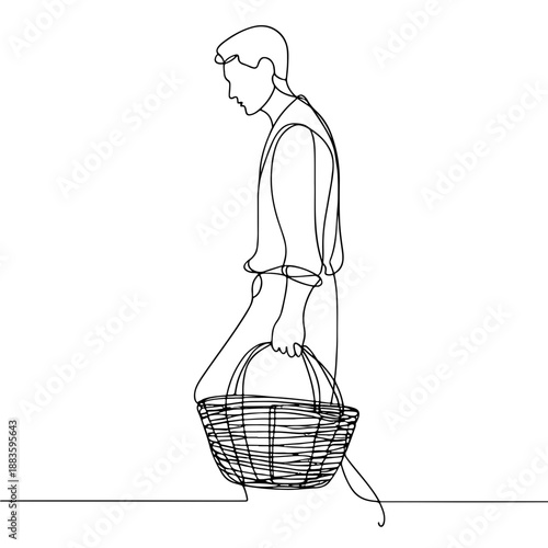 Man walking with basket side view one-line illustration