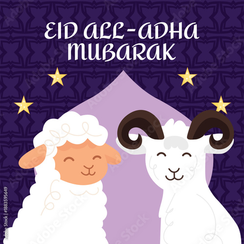Eid al-Adha Mubarak greeting card and banner with sheep and goat, stars and Islamic pattern, Muslim holiday illustration symbolizing sacrifice and faith