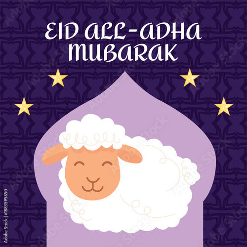 Eid al-Adha Mubarak greeting card and banner with cute sheep, stars and mosque, Islamic holiday illustration for Muslim festival celebration and greetings