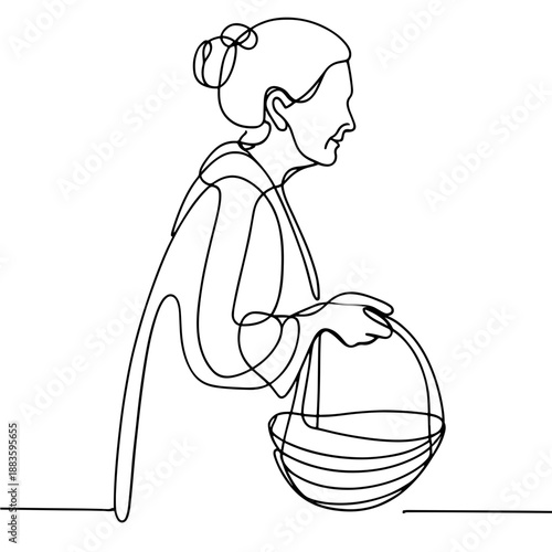 Elderly woman with basket one-line illustration