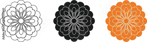 Collection of three decorative floral mandala patterns black and white outline solid black and orange vector designs isolated on white background