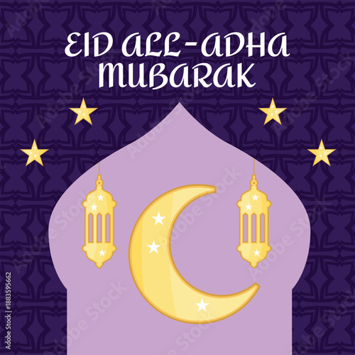 Eid al-Adha Mubarak greeting card and banner with crescent moon, lanterns, stars and mosque, Islamic pattern design for Muslim holiday celebration and festive greetings