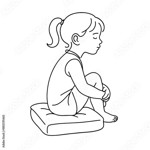 Girl sitting hugging knees on a pillow/cushion one-line illustration