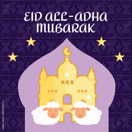 Eid al-Adha Mubarak greeting card and banner with sheep, stars and mosque, Islamic pattern illustration for Muslim holiday celebration, festive religious design