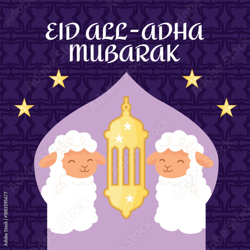 Eid al-Adha Mubarak greeting card and banner with sheep, mosque, stars and lantern, Islamic holiday illustration for Muslim celebration