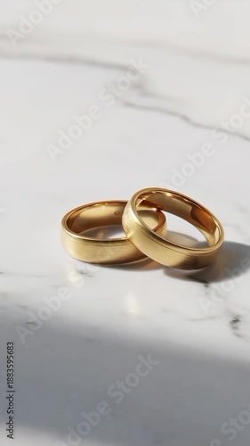 Golden wedding ring pair laying on marble surface with soft shadows. Engagement jewelry for married couple. Vertical video