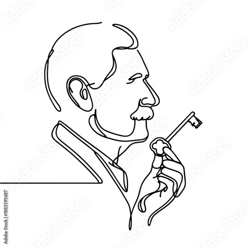Elderly man holding a key thoughtfully one-line illustration