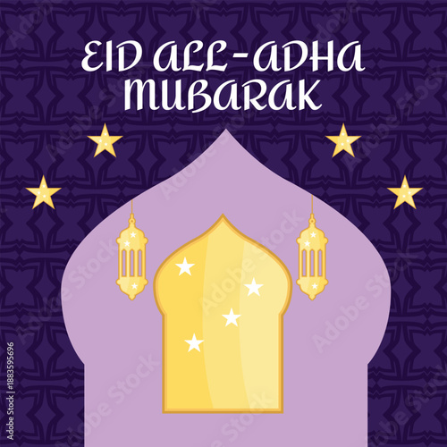 Eid al-Adha Mubarak greeting card and banner with mosque, stars and lanterns, Islamic holiday illustration for Muslim festival greetings