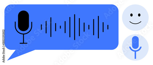 Voice technology, sound recording, AI interfaces, audio communication, speech analysis, podcast tools. Microphone with sound waves and happy face icons. Voice technology and sound recording concept