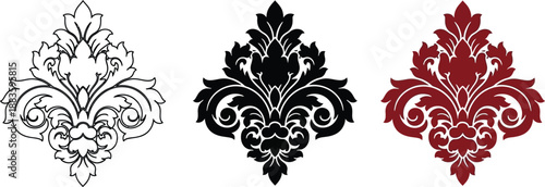 Collection of ornate damask floral motifs classic baroque scrollwork design elements in black white and red isolated on white background