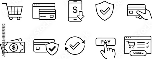 Set of black line icons representing online payment and financial operations including credit card, smartphone, online shopping cart, wallet, security shield, invoice, globe, coin stack, and alert sym