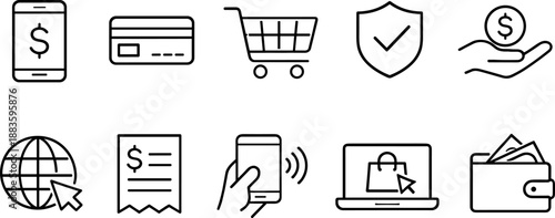 Set of black line icons representing online payment and financial operations including credit card, smartphone, online shopping cart, wallet, security shield, invoice, globe, coin stack, and alert sym