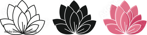 Collection of lotus flower icons in outline solid black and pink gradient styles representing peace and spirituality for wellness branding