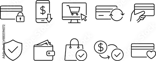 Set of black line icons representing online payment and financial operations including credit card, smartphone, online shopping cart, wallet, security shield, invoice, globe, coin stack, and alert sym