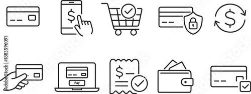 Set of black line icons representing online payment and financial operations including credit card, smartphone, online shopping cart, wallet, security shield, invoice, globe, coin stack, and alert sym