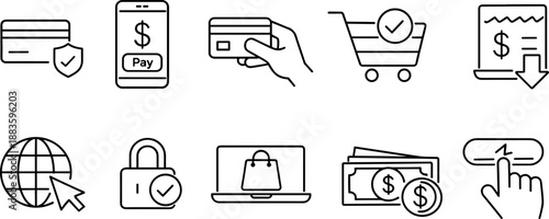 Set of black line icons representing online payment and financial operations including credit card, smartphone, online shopping cart, wallet, security shield, invoice, globe, coin stack, and alert sym