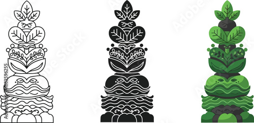 Collection of stylized totem pole illustrations featuring nature motifs and tribal art for cultural or decorative use isolated on white