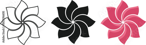 Collection of abstract floral or pinwheel icons in outline solid black and pink gradient styles perfect for branding and design elements