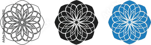 Collection of geometric mandala patterns in outline solid black and blue vector styles perfect for decorative elements and spiritual designs