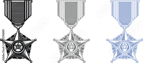 Military medal and award star icons set for honor and achievement vector illustration