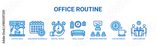 Office Routine web banner icon vector illustration concept with icons of coffee mug, calendar schedule, digital clock, wall clock, morning briefing, coffee break, lunch break.