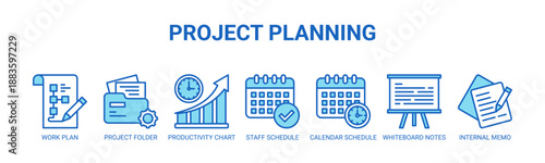 Project Planning web banner icon vector illustration concept with icons of work plan, project folder, productivity chart, staff schedule, calendar schedule, whiteboard notes, internal memo.