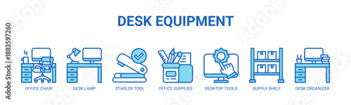Desk Equipment web banner icon vector illustration concept with icons of office chair, desk lamp, stapler tool, office supplies, desktop tools, supply shelf, desk organizer.