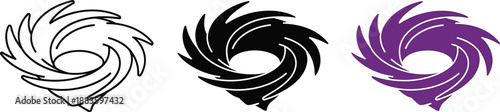 Collection of hurricane icons representing storm weather in outline solid black and purple vector styles for meteorological alerts