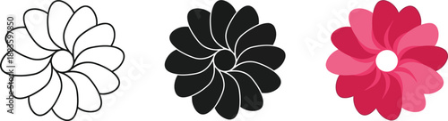 Set of stylized flower icons in outline solid black and gradient pink perfect for nature-themed designs and branding